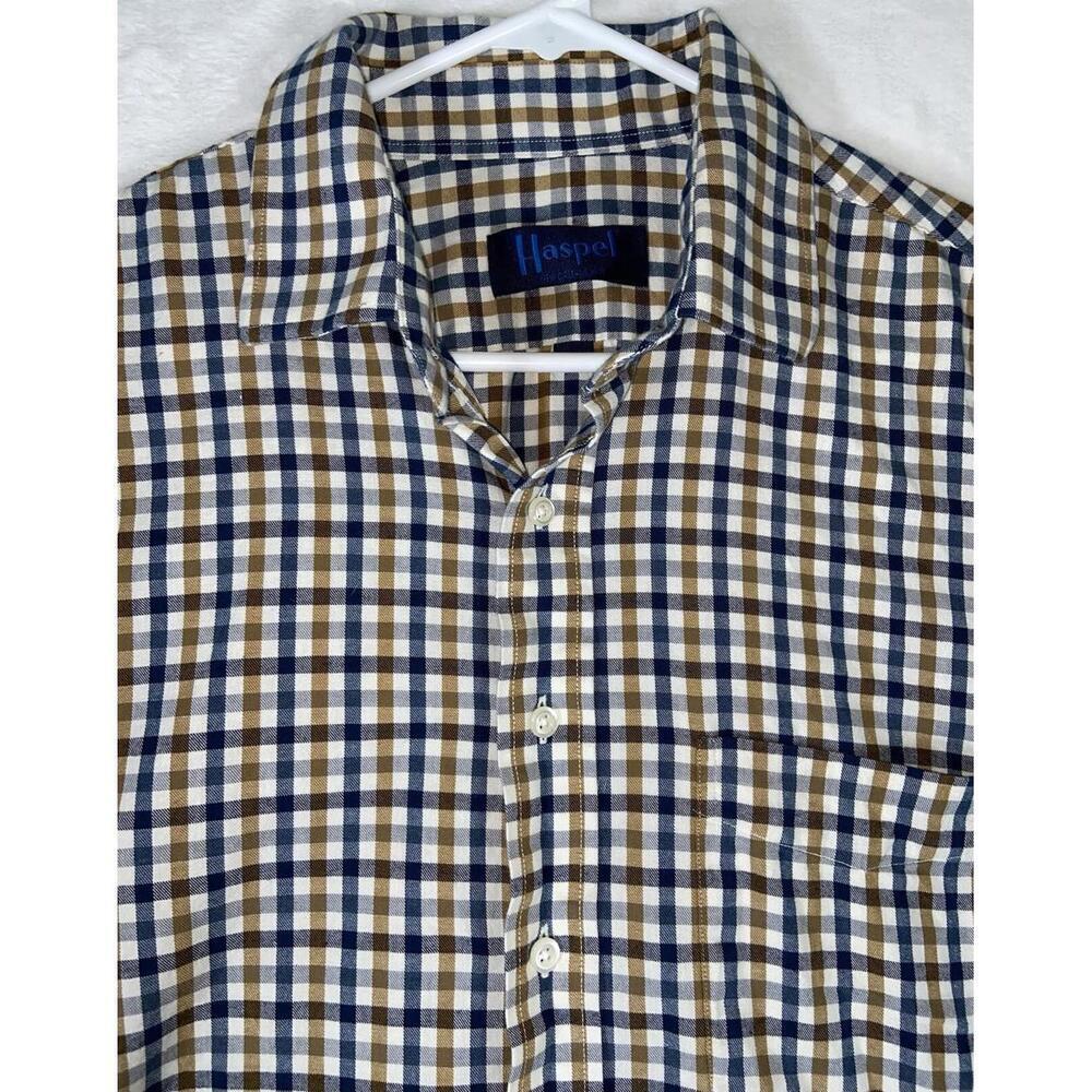$298 Haspel Men Blue Brown White Plaid Long-Sleeve Cotton Button Pocket Shirt L